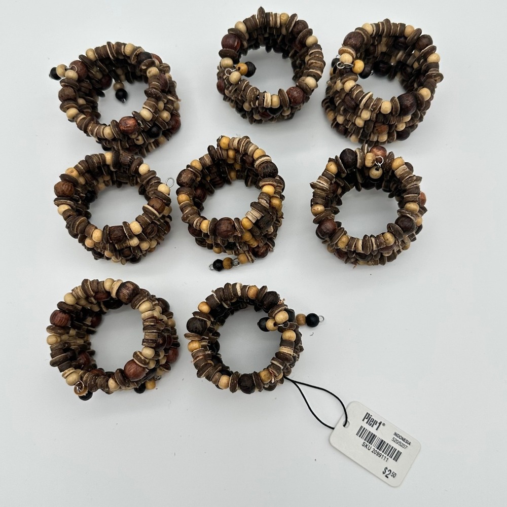 Pier 1 Napkin Rings Set of 8 Brown Woven Wood Bead Memory Wire Boho Coastal